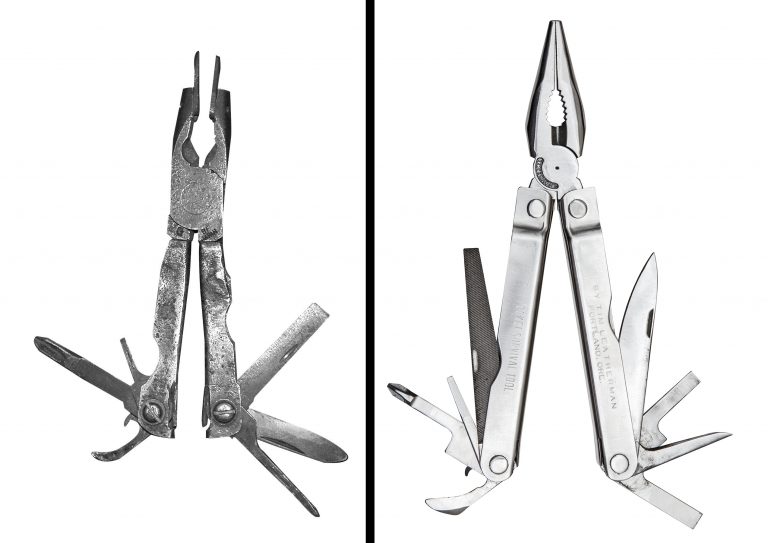 PST (Pocket Survival Tool): o protótipo (esquerda) e a ferramenta acabada após ser produzida (direita)
