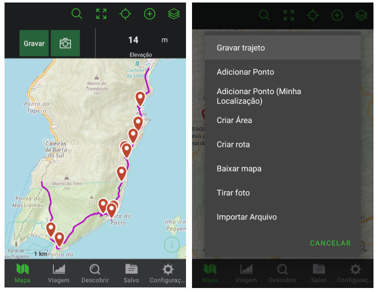 Interface do app do Gaia GPS para Android